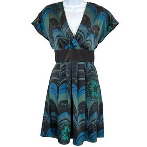 Express Retro Print Silk Midi Dress Womens S Sleeveless V Neck Blue Green Black